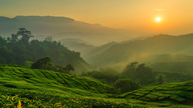 Serene sylhet tea garden at dawn golden sun illuminating rolling hills mist