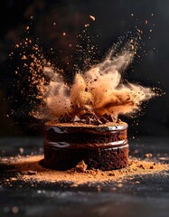 Explosive chocolate cake with cocoa powder explosion and flying crumbs on black background creating a dramatic dessert scene