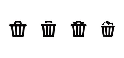 A set of various trash can and recycle bin icons, for waste disposal, deleting files, and user interface designs