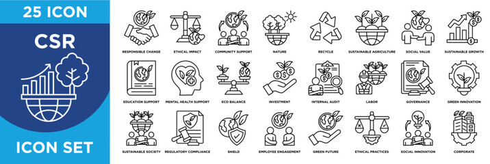 Corporate Social Responsibility (CSR) icon set with 25 outline vector icons. Includes sustainability, recycle, social impact, governance, ethical business, community support, environmental care