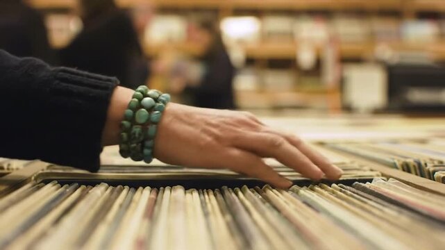 Woman Hand Sorting Through Vinyl Records in a Store Turquoise Bracelet