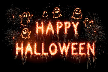 Fiery happy halloween text with spooky ghosts and jack-o'-lanterns illustration