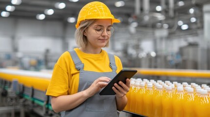 Female worker in yellow hard hat uses tablet in juice production facility, surrounded by orange juice bottles on conveyor belt during quality control