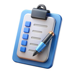 A 3d rendered illustration of a blue clipboard with a pen, featuring a checklist and checkboxes, isolated on a transparent background