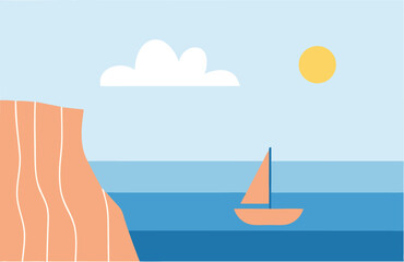 Minimalist Seaside Landscape with Orange Cliff, Blue Ocean, Sailboat, Sun, and Cloud for Coastal, Travel, and Summer Design Projects