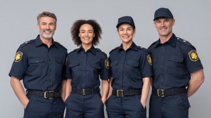 Group of Four Security Personnel Posing Together in Uniform Smiling at the Camera for Professional Promotion and Business Purposes