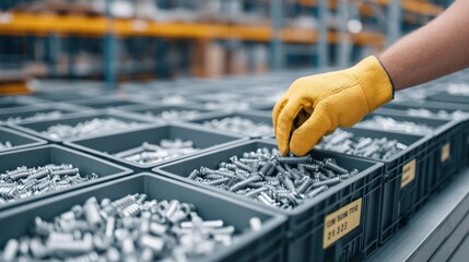 Worker Organizing Metal Screws in Storage Bins at Warehouse with Yellow Gloves and Industrial Setting for Manufacturing Purposes