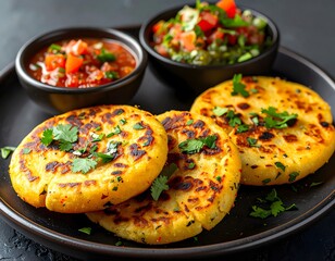 Crispy golden cornmeal cakes with fresh cilantro served with vibrant vegetable salsas in black bowls on a dark surface for a flavorful vegetarian snack or appetizer