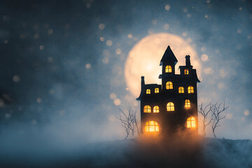 Spooky haunted mansion silhouette glows with eerie light against a starry night sky