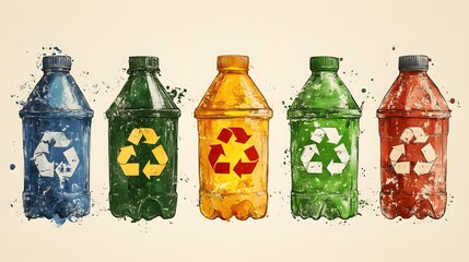 Vibrant plastic bottles with recycling symbols, rendered in a painterly style, promote sustainability. Ideal for eco-conscious campaigns and waste management visuals. Recycle waste background.