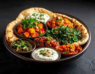 Colorful Indian appetizer platter with spicy vegetable curries, yogurt sauce, fresh herbs, and crispy naan bread served on a dark background