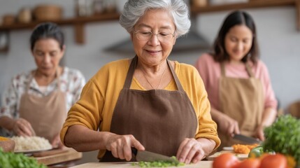 Joyful senior woman preparing fresh vegetables in a warm kitchen while family members chop ingredients and share cooking moments together