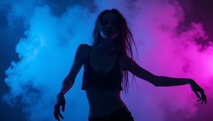 Obraz premium Silhouette of a human model in a strange twisted pose, abstract colored lighting, smoke and shadows for dramatic effect. 
