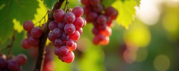 Close-up shot of ripe, sun-drenched wine grapes hanging on the vine, ready for harvest  Vibrant colors and visible water droplets showcase their freshness ,  vineyard landscape,  nature