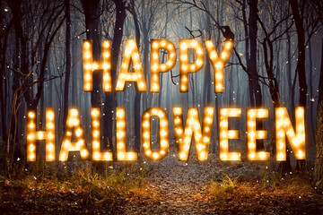 Happy halloween illuminated marquee sign in spooky forest with pumpkins and orange glow