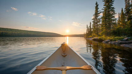 breathtaking sunsets over tranquil lakes in  diverse countries featuring smooth canoe gliding gently