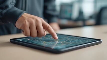 Close-Up of a Person Using a Tablet with a Digital Map Interface in a Modern Office Setting