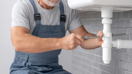 Senior plumber repairing sink plumbing with wrench in modern bathroom setting, focusing on maintenance tasks and plumbing solutions for homeowners