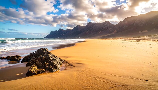 Golden beach meets dramatic mountains