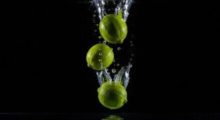 Limes dropping in water; splash bubbles against stark black backdrop