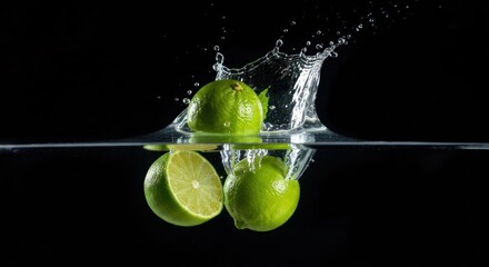Limes splash into water, crisp detail on dark background