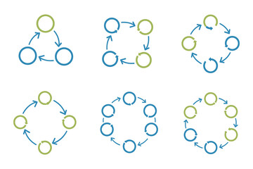 Circular Flowchart Diagram Set, Process Cycle with Arrows in Green and Blue Colors, Vector Illustration
