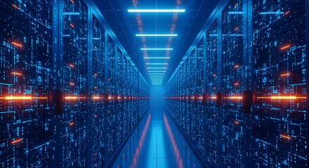 A long corridor lined with server racks glows with blue and orange lights in a data center.