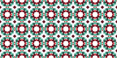 A Festive Geometric Christmas Pattern With A Repeating Mandala Motif In Deep Red And Teal.