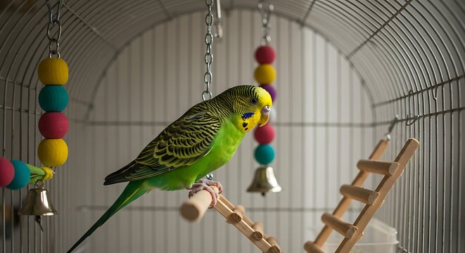 Parrot in cage with toys