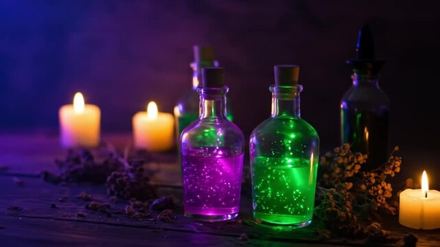 Colorful potion bottles with candles on wooden table in dim light  