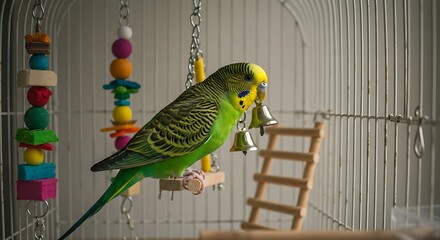 Parrot in cage with toys