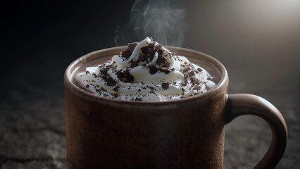 Delicious hot chocolate with whipped cream and chocolate shavings in a mug