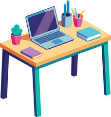 Isometric illustration of a desk with laptop plant and books computer stationery