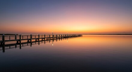 Pier extending into still water at dusk, sky with vibrant gradient color