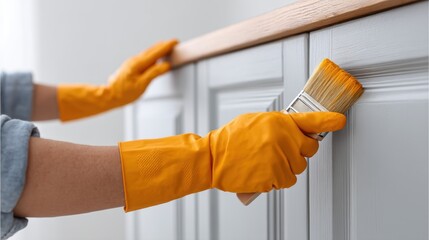 Hand in bright yellow glove painting wooden cabinets with brush in home renovation project, focus on DIY improvement and interior design task completion