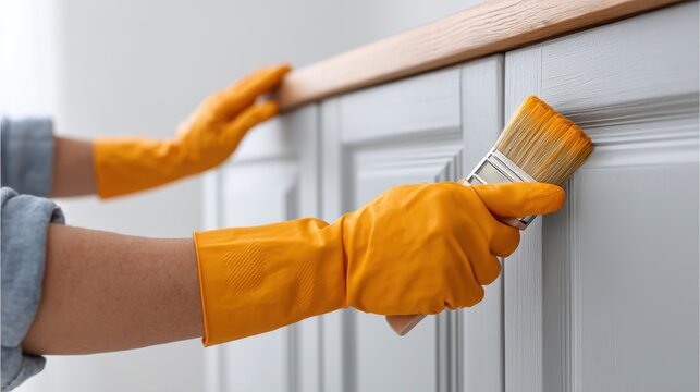 Hand in bright yellow glove painting wooden cabinets with brush in home renovation project, focus on DIY improvement and interior design task completion - Powered by Adobe