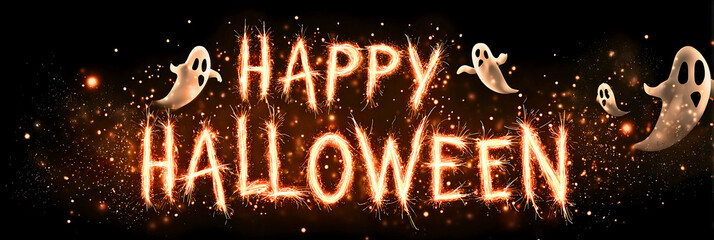 Happy halloween greeting with glowing spooky text and friendly ghosts for festive celebrations