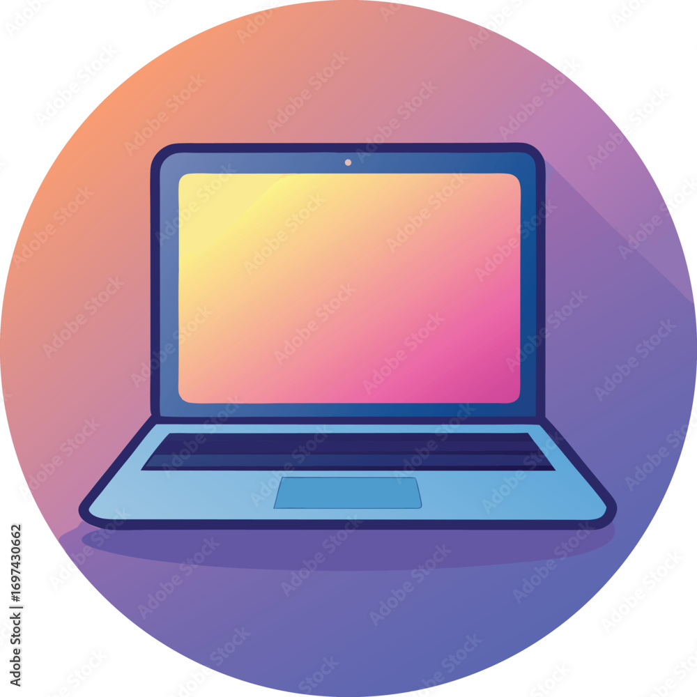 Aufkleber open laptop with colorful screen on purple and orange gradient background computer technology