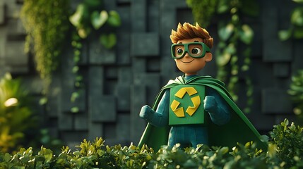 Eco superhero kid promoting recycling. Boy in blue suit with recycling symbol and green cape, advocating for a sustainable future. Recycle waste background. A vibrant, playful image!