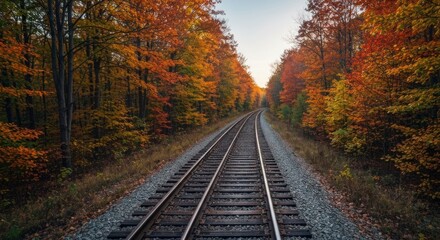 Obraz premium Railroad tracks curving through a colorful autumn forest at golden hour light