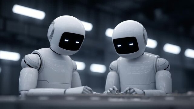 Robotic Interaction: Two advanced robots engage in an intriguing, seemingly collaborative moment against the backdrop of a high-tech setting.