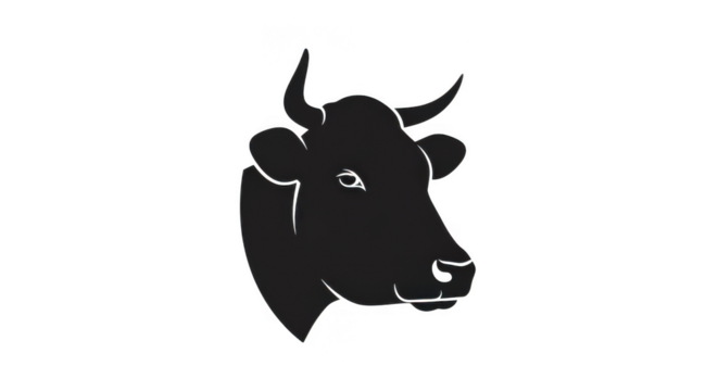 A black silhouette of a bulls head is depicted against a plain transparent background, showcasing its horns and facial features - Powered by Adobe