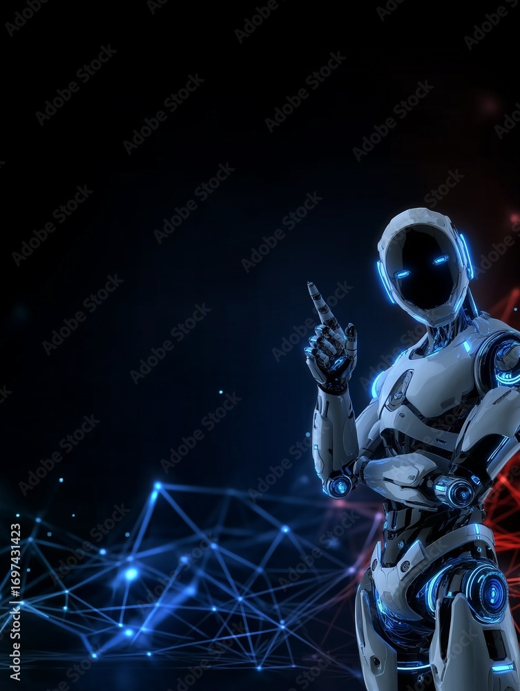 Poster a futuristic robot figure with a sleek design points upward against a dark, abstract background fill