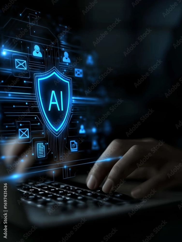 Poster a futuristic representation of ai security, featuring a keyboard and digital elements, highlighting 