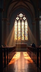 Fototapeta premium Serene interior of a church, bathed in soft light during a prayer service Peaceful atmosphere, stained glass, quiet contemplation, spiritual sanctuary , god, hope, devotion
