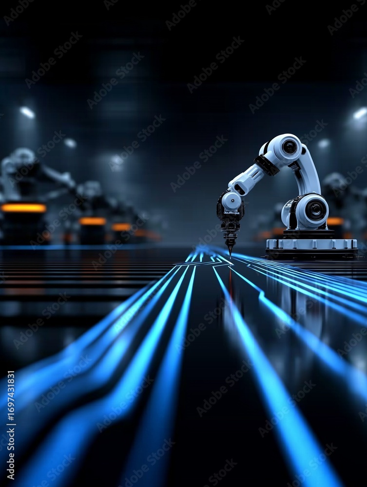 Poster a robotic arm operates in a high-tech environment, surrounded by glowing blue lines and automated ma