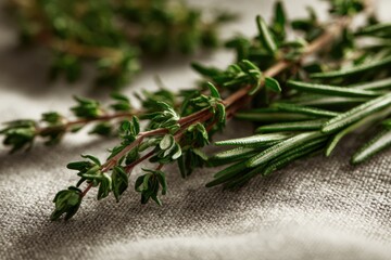 Fresh Thyme and Rosemary Herbs Arranged on Natural Fabric Background for Culinary and Health Uses in Cooking and Decoration