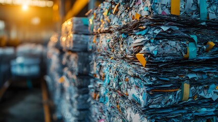 Compressed, colorful shredded paper blocks tightly banded, showcasing waste management or recycling efforts. Ideal for illustrating environmental responsibility and Recycle waste background.