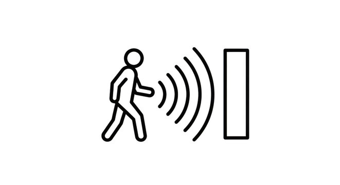 A simple line icon depicts a person walking towards a vertical rectangle, with radiating waves indicating motion detection or signal transmission isolated on transparent background