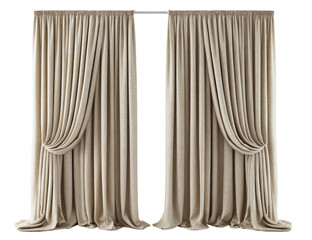 Pair of beige textured drapes.  Full-length, pleated, and gathered at the top.  Horizontal pleats